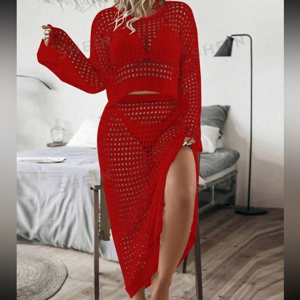 Red open knitted beach wear with skirt